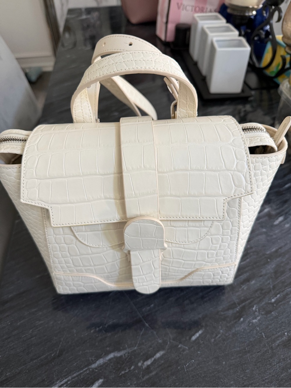 Senreve Off-White Croc-Embossed Top-Handle Tote